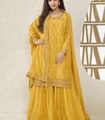 Yellow colour zari woven chinnon fabric heavy partywear sharara dress