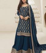 Blue colour zari woven designer chinnon fabric heavy partywear sharara dress