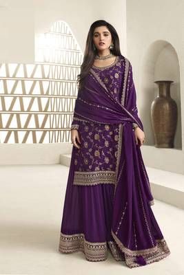 Purple colour zari woven chinnon fabric heavy partywear sharara dress 1
