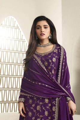 Purple colour zari woven chinnon fabric heavy partywear sharara dress 2