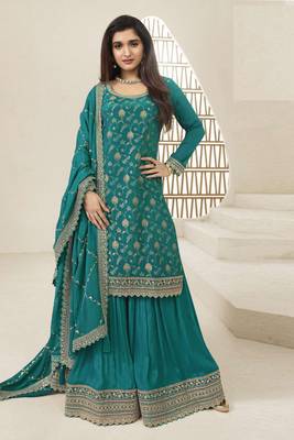 Green colour zari woven chinnon fabric heavy partywear sharara dress 1
