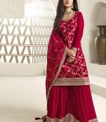 Red colour zari woven designer chinnon fabric heavy partywear sharara dress