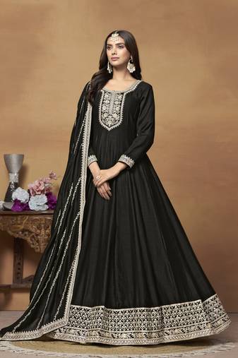 Black colour heavy embroidered rich partywear anarkali suit