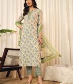Off white green and blue floral printed kurta pants set
