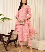 Pink ethnic floral printed kurta pants with dupatta set