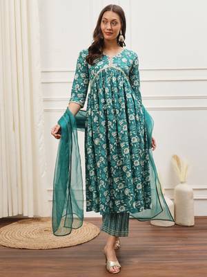 Teal green floral printed alia cut kurta pants with dupatta set 1