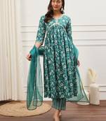 Teal green floral printed alia cut kurta pants with dupatta set