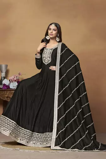 Black colour heavy embroidered rich partywear anarkali suit