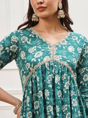 Teal green floral printed alia cut kurta pants with dupatta set 2