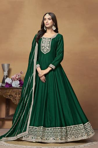 Green colour heavy embroidered rich partywear anarkali suit
