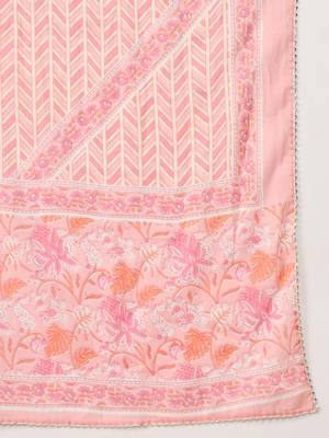Pink ethnic floral printed kurta pants with dupatta set 4