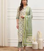 Off white green and blue floral printed kurta pants set