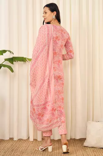 Pink ethnic floral printed kurta pants with dupatta set