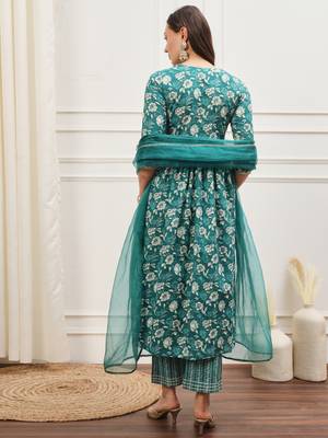Teal green floral printed alia cut kurta pants with dupatta set 5