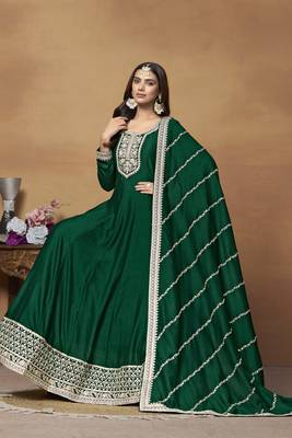 Green colour heavy embroidered rich partywear anarkali suit 3