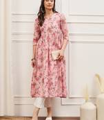 Baby pink and white floral printed high slit kurta pants set
