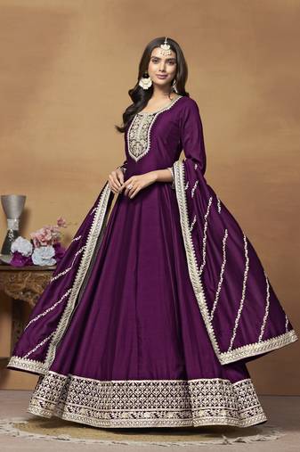 Purple colour heavy embroidered rich partywear anarkali suit