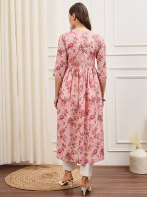Baby pink and white floral printed high slit kurta pants set 3