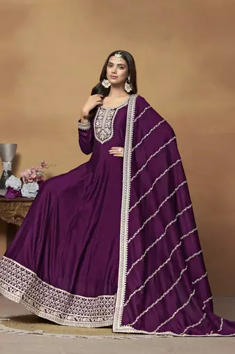 Purple colour heavy embroidered rich partywear anarkali suit