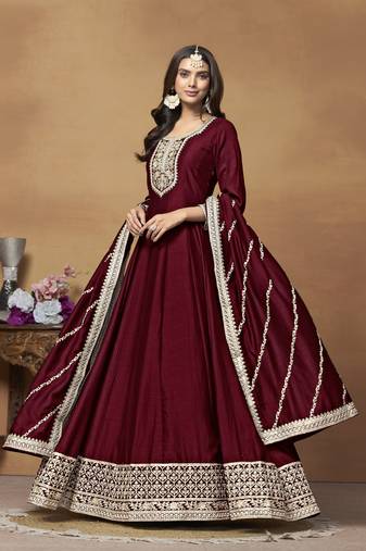 Maroon colour heavy embroidered rich partywear anarkali suit