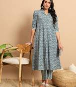 Indigo lapel collar printed kurta pants set