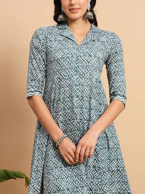 Indigo lapel collar printed kurta pants set 2