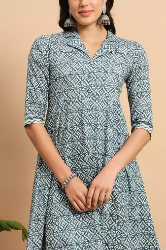Indigo lapel collar printed kurta pants set