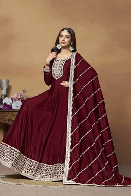 Maroon colour heavy embroidered rich partywear anarkali suit 3
