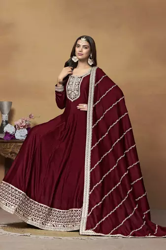 Maroon colour heavy embroidered rich partywear anarkali suit