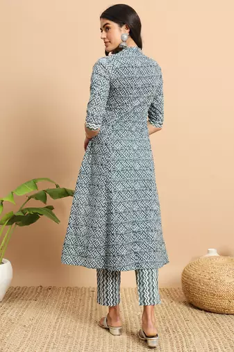 Indigo lapel collar printed kurta pants set