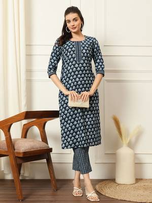 Indigo ethnic floral printed straight calf length kurta pants set 1