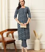 Indigo ethnic floral printed straight calf length kurta pants set