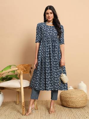 Indigo floral printed flared calf length kurta set 1