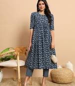 Indigo floral printed flared calf length kurta set
