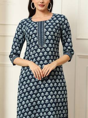 Indigo ethnic floral printed straight calf length kurta pants set 2