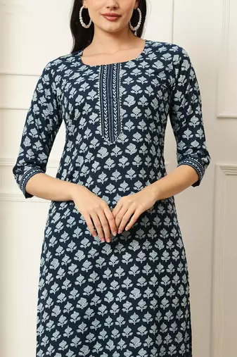 Indigo ethnic floral printed straight calf length kurta pants set