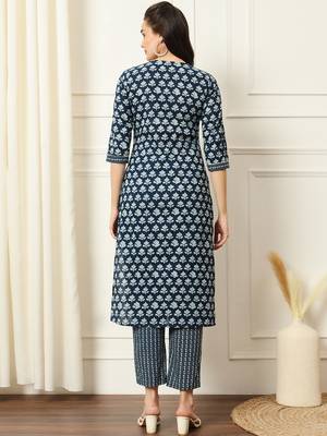Indigo ethnic floral printed straight calf length kurta pants set 4