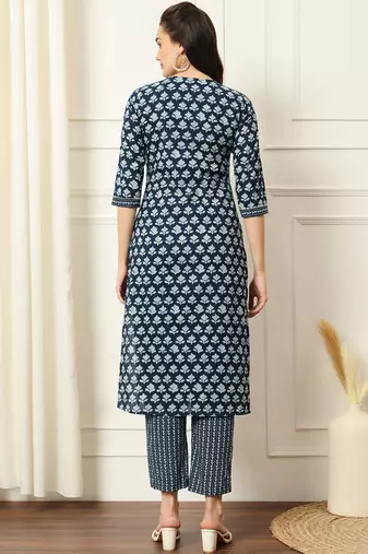 Indigo ethnic floral printed straight calf length kurta pants set