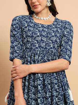 Indigo floral printed flared calf length kurta set 2