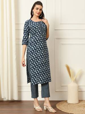 Indigo ethnic floral printed straight calf length kurta pants set 5