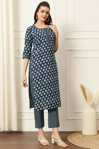 Indigo ethnic floral printed straight calf length kurta pants set
