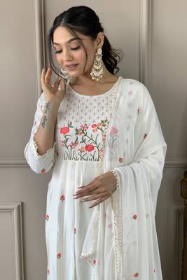 White colour festive salwar kameez floral resham embroidery for ethnic looks 3