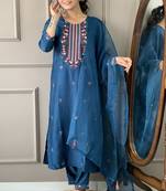 Petrol colour festive salwar kameez floral resham embroidery for ethnic looks