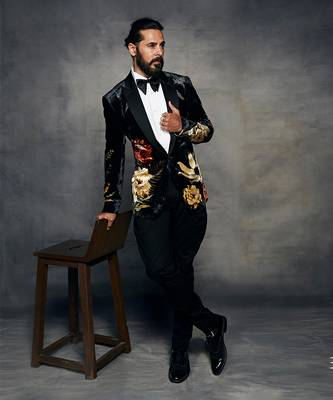 Black embroidered silk velvet tuxedo 4