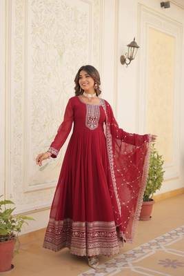 Women's maroon faux blooming with rich thread sequins embroidered work for party wear gown 1