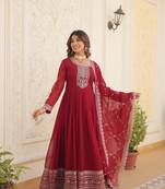 Women's maroon faux blooming with rich thread sequins embroidered work for party wear gown