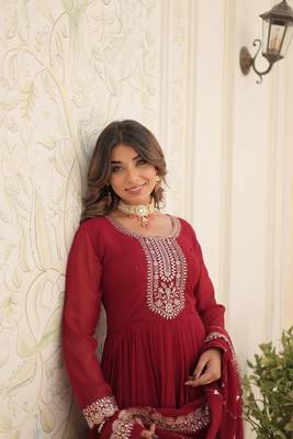 Women's maroon faux blooming with rich thread sequins embroidered work for party wear gown 4