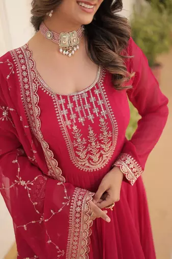 Women's pink faux blooming with rich thread sequins embroidered work for party wear gown
