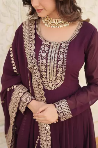 Women's wine faux blooming with rich thread sequins embroidered work for party wear gown