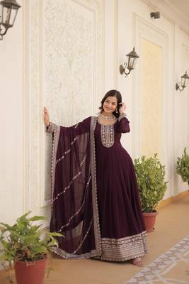 Women's wine faux blooming with rich thread sequins embroidered work for party wear gown 3